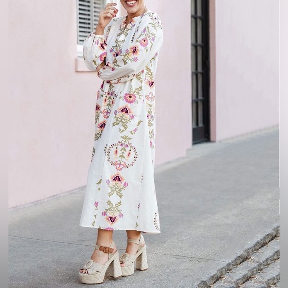 Zara NWT ecru kaftan floral linen boho maxi dress XS - Picture 3 of 3